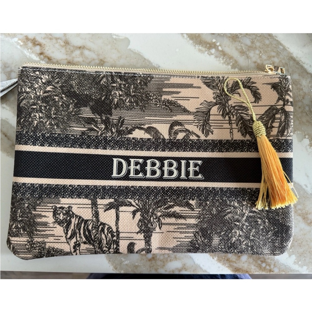 TOILE CANVAS POUCH CLUTCH WITH ZIPPER NAME DEBBIE NWOT